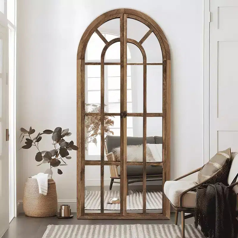 Miroir mural pleine longueur, design cintrée à grille en bois massif, ouvrable, sans support