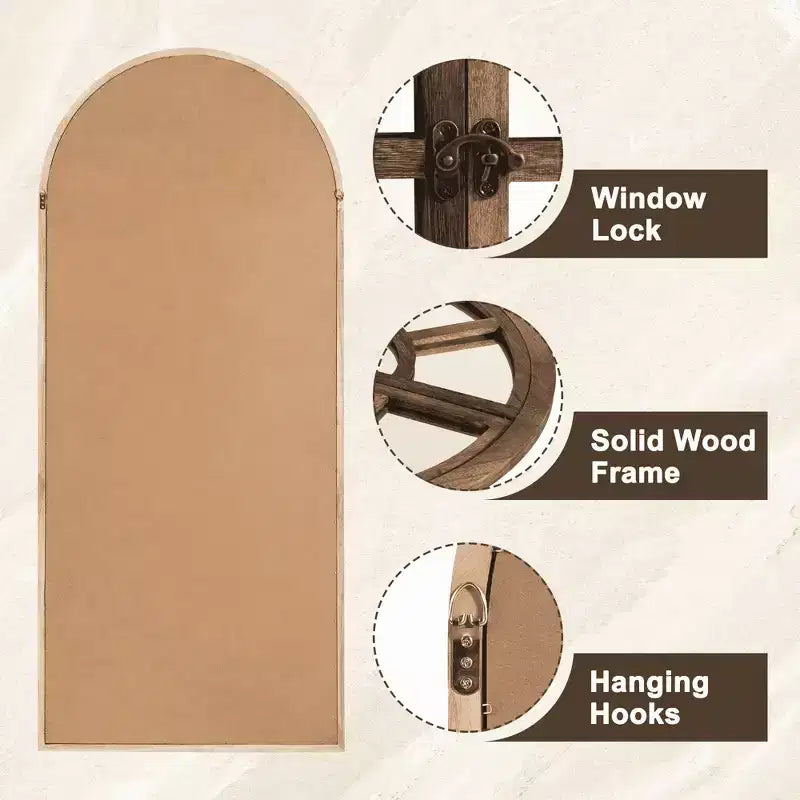 Miroir mural pleine longueur, design cintrée à grille en bois massif, ouvrable, sans support