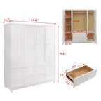 Armoire blanche en bois de 156 cm avec 2 tiroirs, tringle à vêtements et étagères, dressing 4 portes