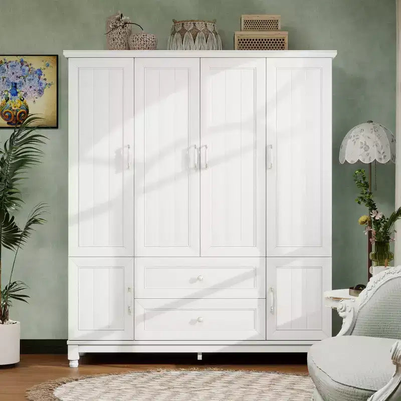 Armoire blanche en bois de 156 cm avec 2 tiroirs, tringle à vêtements et étagères, dressing 4 portes