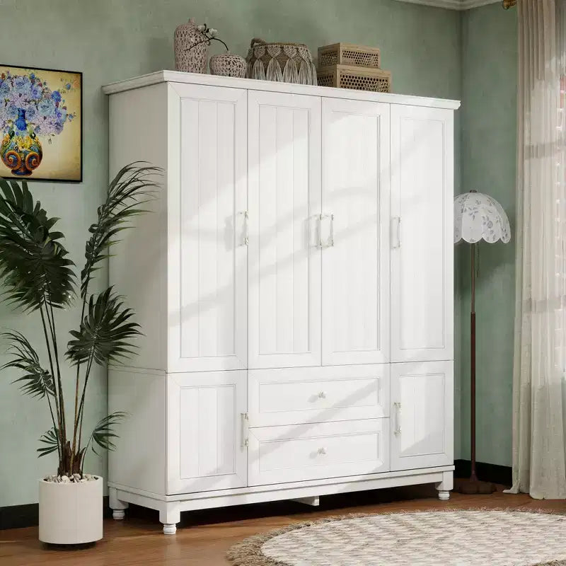 Armoire blanche en bois de 156 cm avec 2 tiroirs, tringle à vêtements et étagères, dressing 4 portes