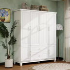 Armoire blanche en bois de 156 cm avec 2 tiroirs, tringle à vêtements et étagères, dressing 4 portes