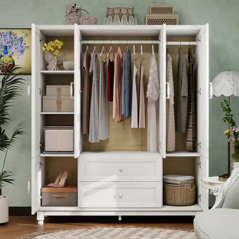 Armoire blanche en bois de 156 cm avec 2 tiroirs, tringle à vêtements et étagères, dressing 4 portes