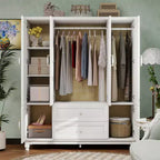 Armoire blanche en bois de 156 cm avec 2 tiroirs, tringle à vêtements et étagères, dressing 4 portes