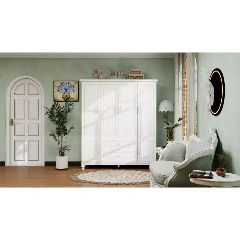 Armoire blanche en bois de 156 cm avec 2 tiroirs, tringle à vêtements et étagères, dressing 4 portes