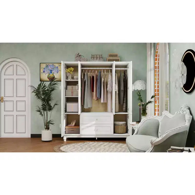 Armoire blanche en bois de 156 cm avec 2 tiroirs, tringle à vêtements et étagères, dressing 4 portes