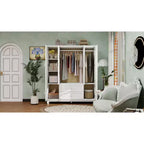 Armoire blanche en bois de 156 cm avec 2 tiroirs, tringle à vêtements et étagères, dressing 4 portes