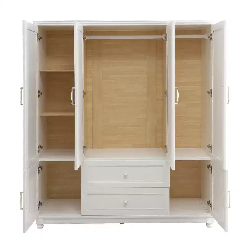 Armoire blanche en bois de 156 cm avec 2 tiroirs, tringle à vêtements et étagères, dressing 4 portes