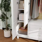 Armoire blanche en bois de 156 cm avec 2 tiroirs, tringle à vêtements et étagères, dressing 4 portes