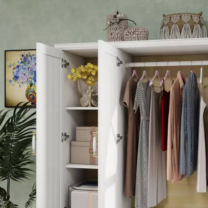 Armoire blanche en bois de 156 cm avec 2 tiroirs, tringle à vêtements et étagères, dressing 4 portes