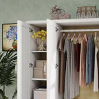 Armoire blanche en bois de 156 cm avec 2 tiroirs, tringle à vêtements et étagères, dressing 4 portes