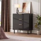 Commode cannelée à 3 tiroirs, commode en bois avec rangement, table de chevet large moderne avec pieds et poignées en métal pour chambre à coucher, salon, couloir