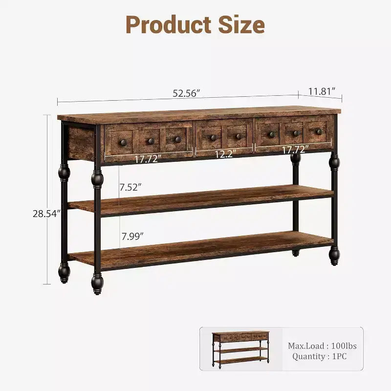 Console industrielle avec 3 tiroirs, table d'entrée et de canapé à 3 niveaux, table derrière le canapé à cadre métallique, table de rangement pour couloir