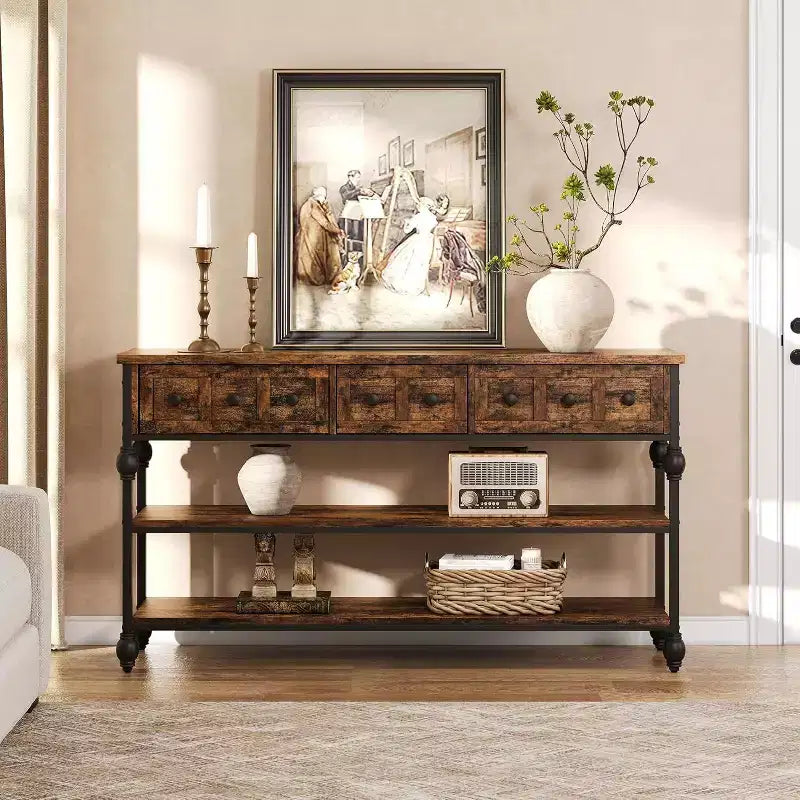 Console industrielle avec 3 tiroirs, table d'entrée et de canapé à 3 niveaux, table derrière le canapé à cadre métallique, table de rangement pour couloir