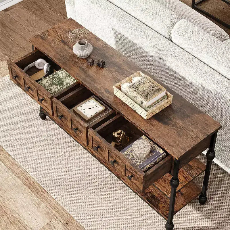 Console industrielle avec 3 tiroirs, table d'entrée et de canapé à 3 niveaux, table derrière le canapé à cadre métallique, table de rangement pour couloir