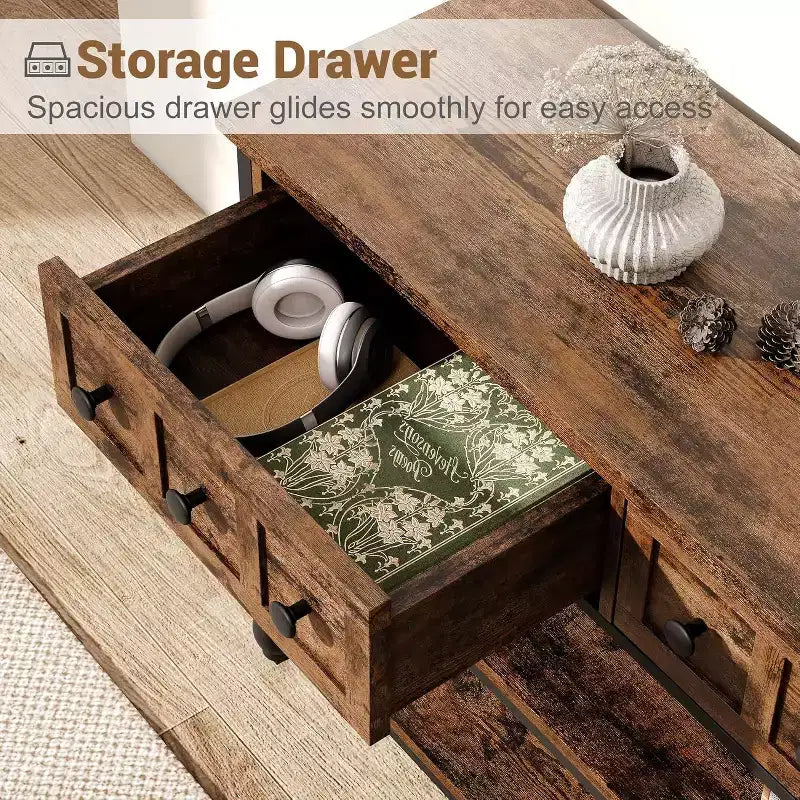 Console industrielle avec 3 tiroirs, table d'entrée et de canapé à 3 niveaux, table derrière le canapé à cadre métallique, table de rangement pour couloir