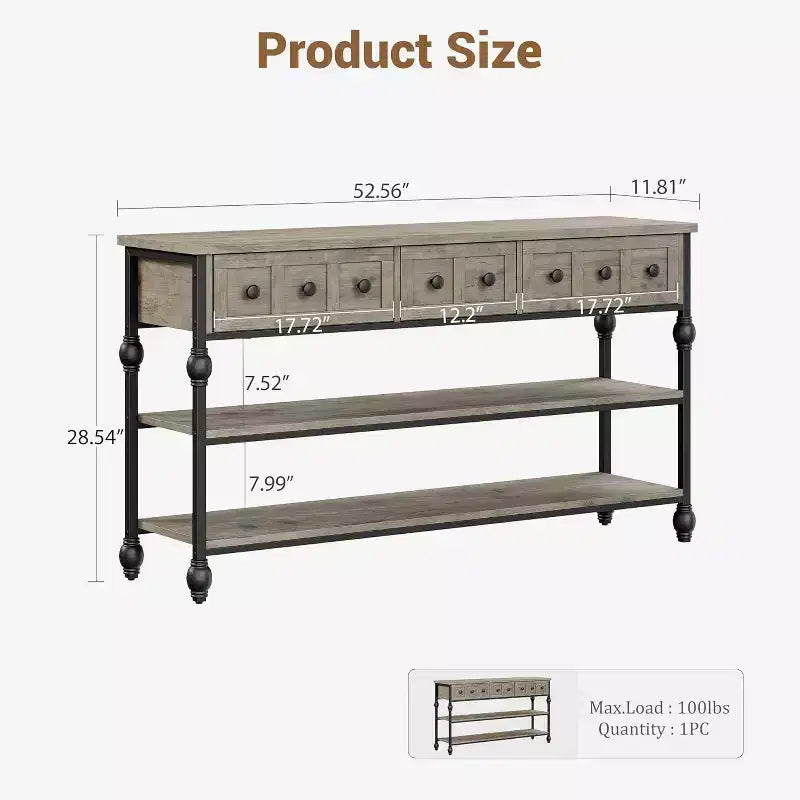Console industrielle avec 3 tiroirs, table d'entrée et de canapé à 3 niveaux, table derrière le canapé à cadre métallique, table de rangement pour couloir