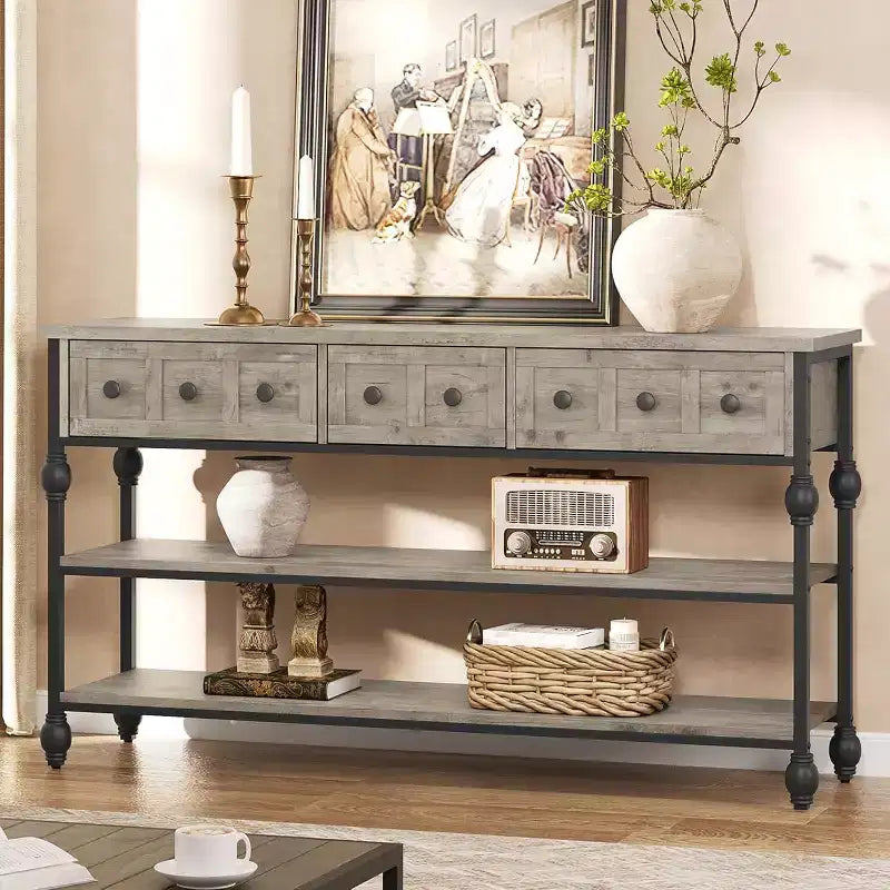 Console industrielle avec 3 tiroirs, table d'entrée et de canapé à 3 niveaux, table derrière le canapé à cadre métallique, table de rangement pour couloir