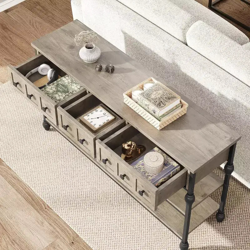 Console industrielle avec 3 tiroirs, table d'entrée et de canapé à 3 niveaux, table derrière le canapé à cadre métallique, table de rangement pour couloir