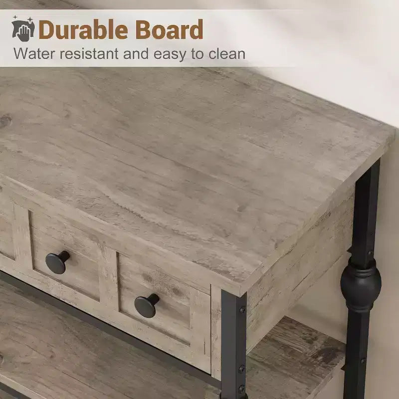 Console industrielle avec 3 tiroirs, table d'entrée et de canapé à 3 niveaux, table derrière le canapé à cadre métallique, table de rangement pour couloir