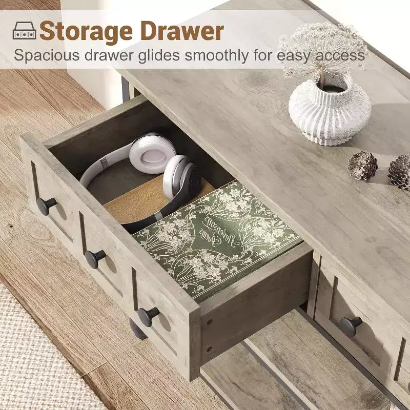 Console industrielle avec 3 tiroirs, table d'entrée et de canapé à 3 niveaux, table derrière le canapé à cadre métallique, table de rangement pour couloir