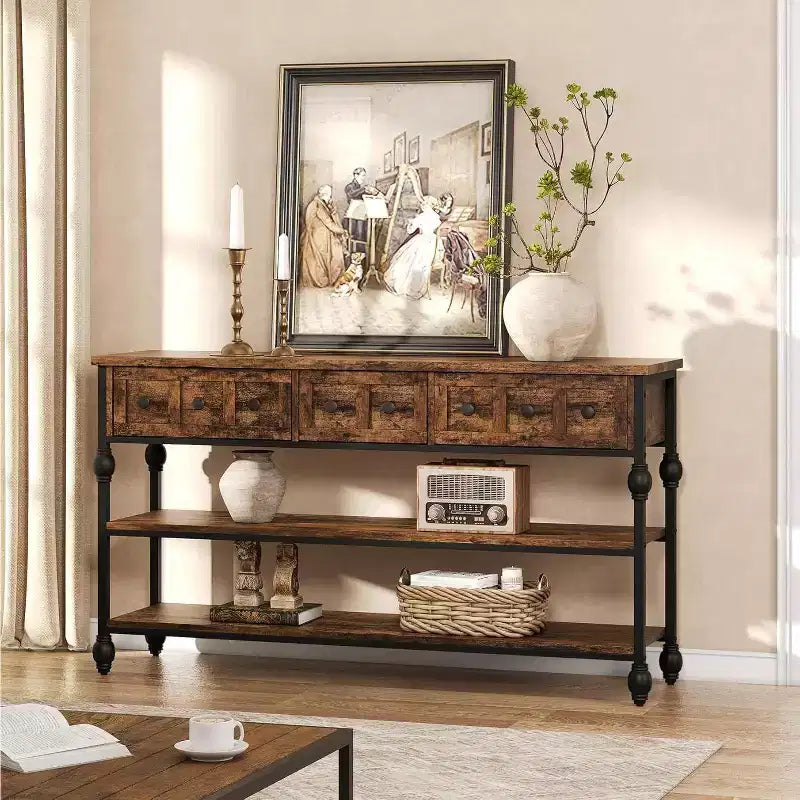 Console industrielle avec 3 tiroirs, table d'entrée et de canapé à 3 niveaux, table derrière le canapé à cadre métallique, table de rangement pour couloir