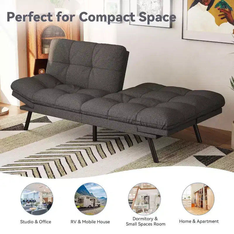 Canapé futon convertible, Causeuse convertible, Canapé en tissu de lin avec dossier et accoudoirs réglables pour salon, chambre d'amis - Gris clair