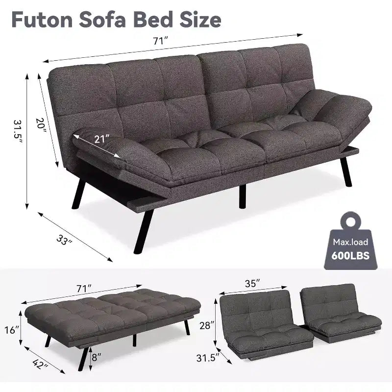 Canapé futon convertible, Causeuse convertible, Canapé en tissu de lin avec dossier et accoudoirs réglables pour salon, chambre d'amis - Gris clair