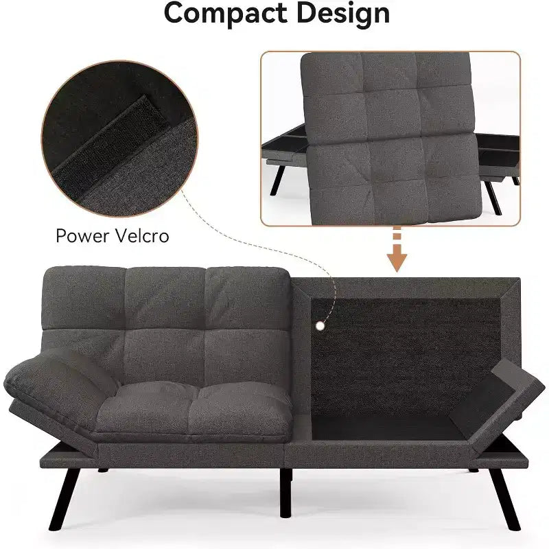 Canapé futon convertible, Causeuse convertible, Canapé en tissu de lin avec dossier et accoudoirs réglables pour salon, chambre d'amis - Gris clair