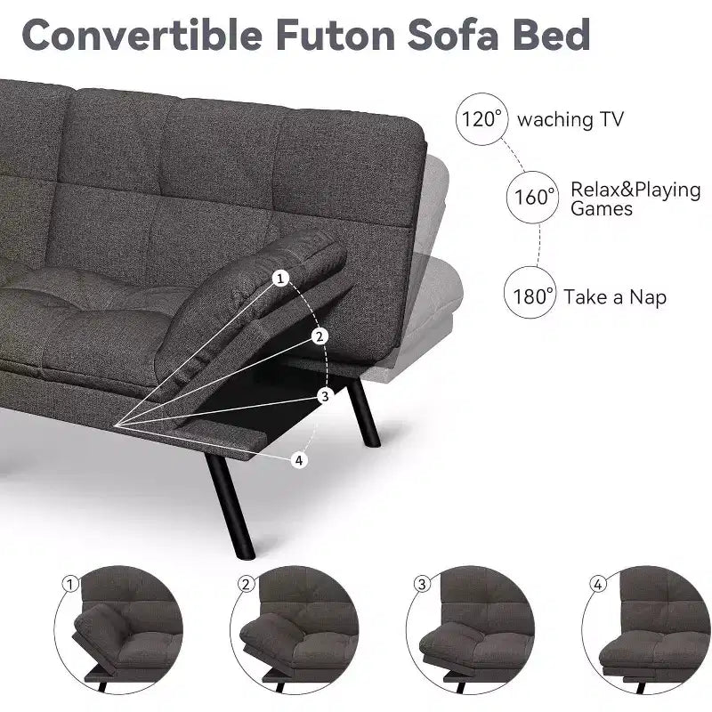 Canapé futon convertible, Causeuse convertible, Canapé en tissu de lin avec dossier et accoudoirs réglables pour salon, chambre d'amis - Gris clair