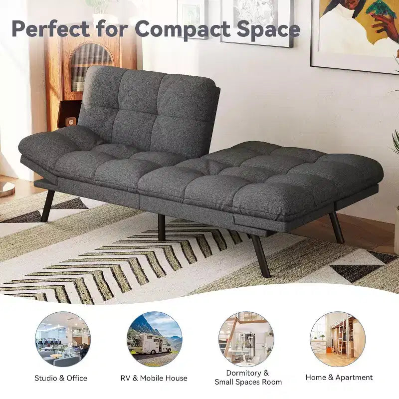 Canapé futon convertible, Causeuse convertible, Canapé en tissu de lin avec dossier et accoudoirs réglables pour salon, chambre d'amis - Gris clair