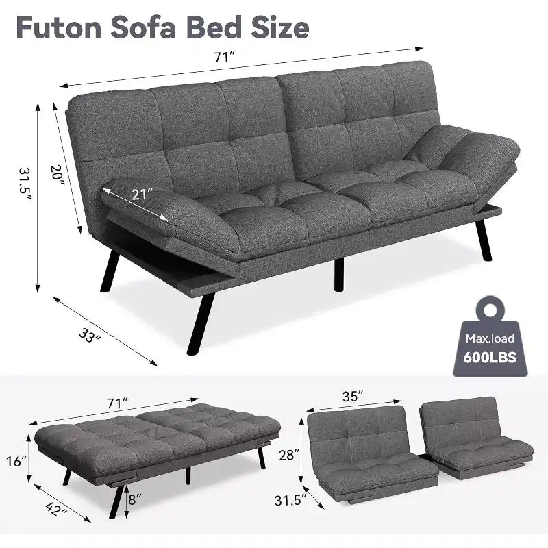 Canapé futon convertible, Causeuse convertible, Canapé en tissu de lin avec dossier et accoudoirs réglables pour salon, chambre d'amis - Gris clair