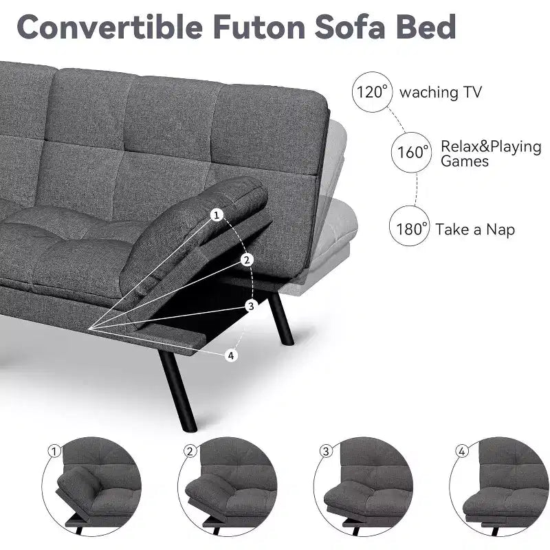 Canapé futon convertible, Causeuse convertible, Canapé en tissu de lin avec dossier et accoudoirs réglables pour salon, chambre d'amis - Gris clair