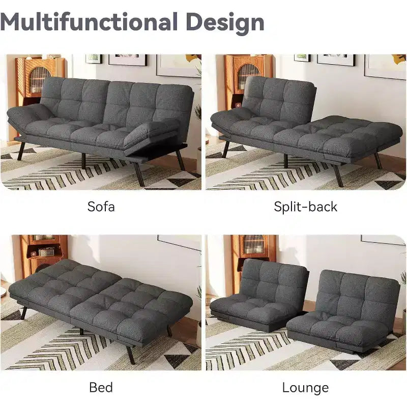 Canapé futon convertible, Causeuse convertible, Canapé en tissu de lin avec dossier et accoudoirs réglables pour salon, chambre d'amis - Gris clair