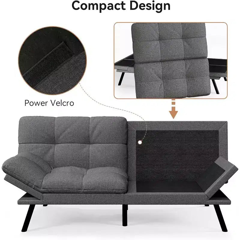 Canapé futon convertible, Causeuse convertible, Canapé en tissu de lin avec dossier et accoudoirs réglables pour salon, chambre d'amis - Gris clair