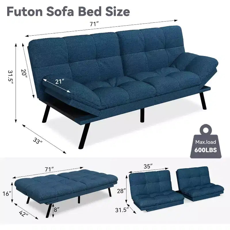 Futon Sofa Bed, Convertible Loveseat Sleeper, Linen Fabric Couch with Adjustable Back & Arms for Living Room, Guest Room - Light Gray
