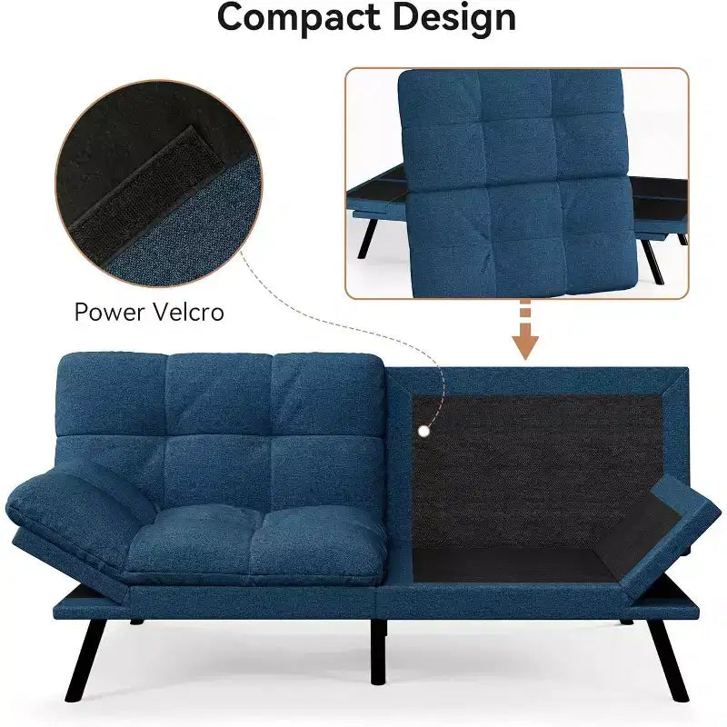 Futon Sofa Bed, Convertible Loveseat Sleeper, Linen Fabric Couch with Adjustable Back & Arms for Living Room, Guest Room - Light Gray