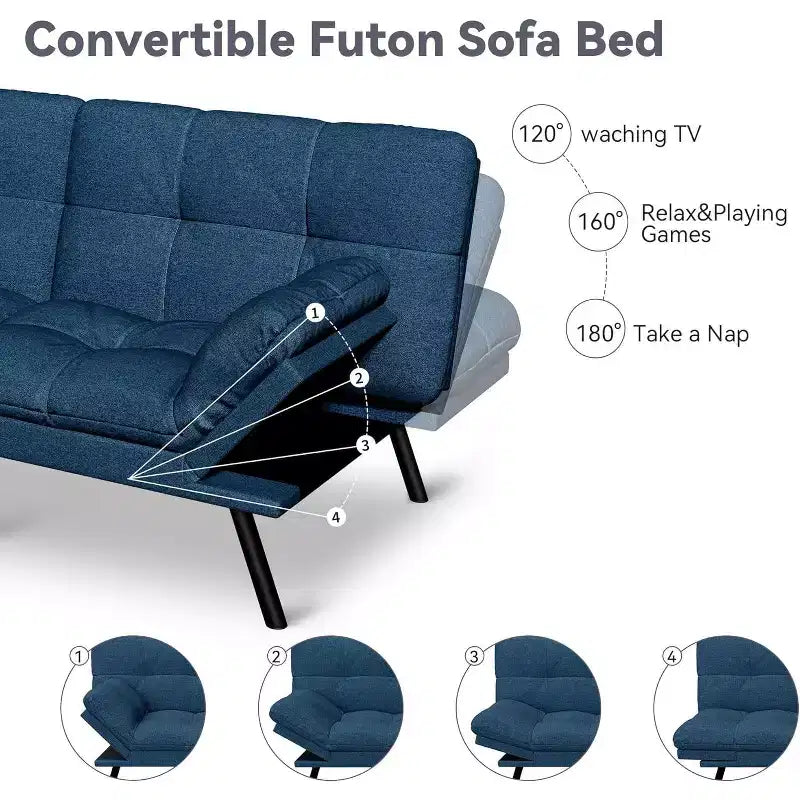 Canapé futon convertible, Causeuse convertible, Canapé en tissu de lin avec dossier et accoudoirs réglables pour salon, chambre d'amis - Gris clair