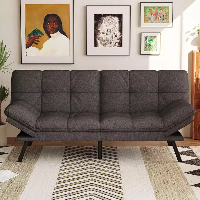 Futon Sofa Bed, Convertible Loveseat Sleeper, Linen Fabric Couch with Adjustable Back & Arms for Living Room, Guest Room - Light Gray