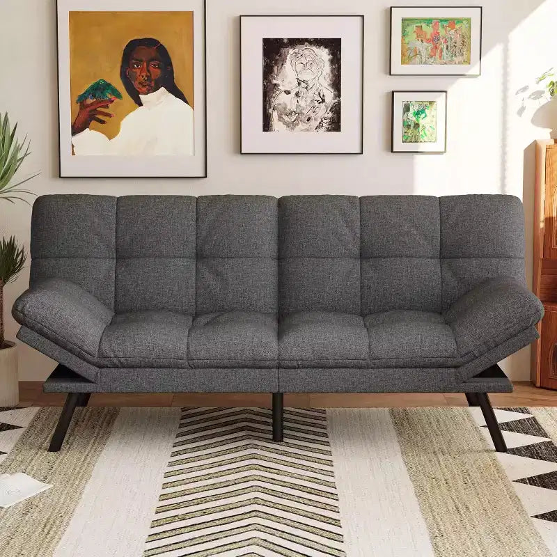 Futon Sofa Bed, Convertible Loveseat Sleeper, Linen Fabric Couch with Adjustable Back & Arms for Living Room, Guest Room - Light Gray