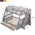 Lit superposé double sur toute la longueur avec tiroirs et escalier de rangement, cadre de lit superposé détachable en bois massif convertible