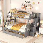 Lit superposé double sur toute la longueur avec tiroirs et escalier de rangement, cadre de lit superposé détachable en bois massif convertible
