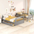 Lit superposé double sur toute la longueur avec tiroirs et escalier de rangement, cadre de lit superposé détachable en bois massif convertible
