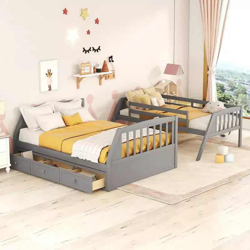 Lit superposé double sur toute la longueur avec tiroirs et escalier de rangement, cadre de lit superposé détachable en bois massif convertible