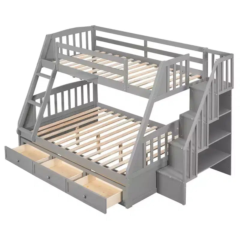 Lit superposé double sur toute la longueur avec tiroirs et escalier de rangement, cadre de lit superposé détachable en bois massif convertible