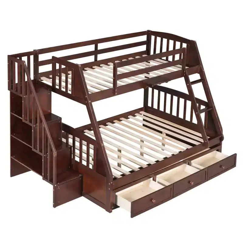 Lit superposé double sur toute la longueur avec tiroirs et escalier de rangement, cadre de lit superposé détachable en bois massif convertible