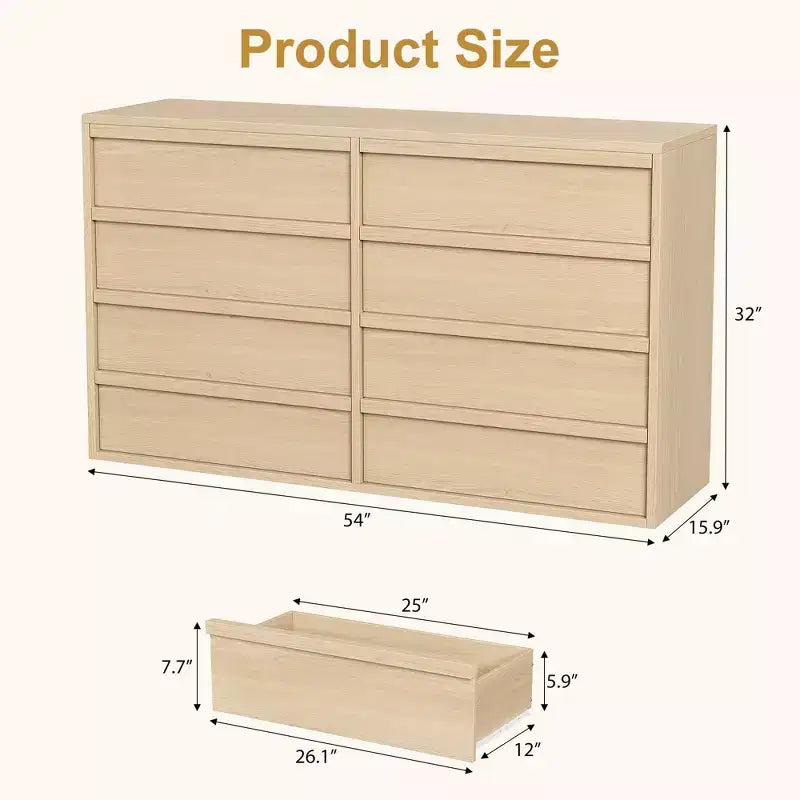 Commode à 8 tiroirs pour chambre à coucher, commode en chêne naturel de 137 cm de large, organisateur en bois pour salon, chambre d'enfant, entrée