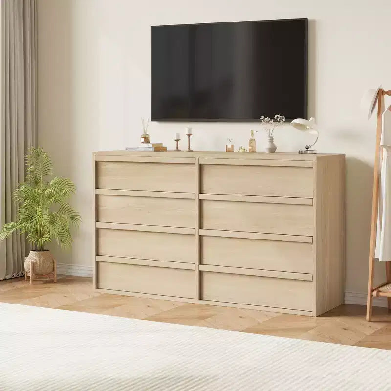 Commode à 8 tiroirs pour chambre à coucher, commode en chêne naturel de 137 cm de large, organisateur en bois pour salon, chambre d'enfant, entrée