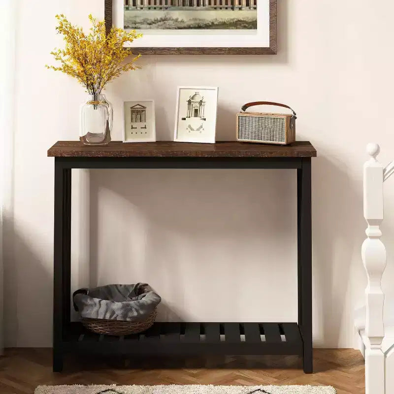 Console rustique avec étagère inférieure, plateau effet bois et cadre noir mat, table d'entrée de 99 cm