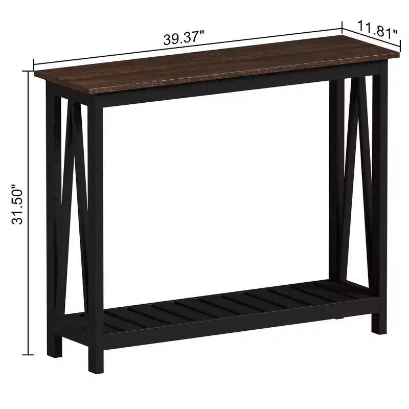Console rustique avec étagère inférieure, plateau effet bois et cadre noir mat, table d'entrée de 99 cm